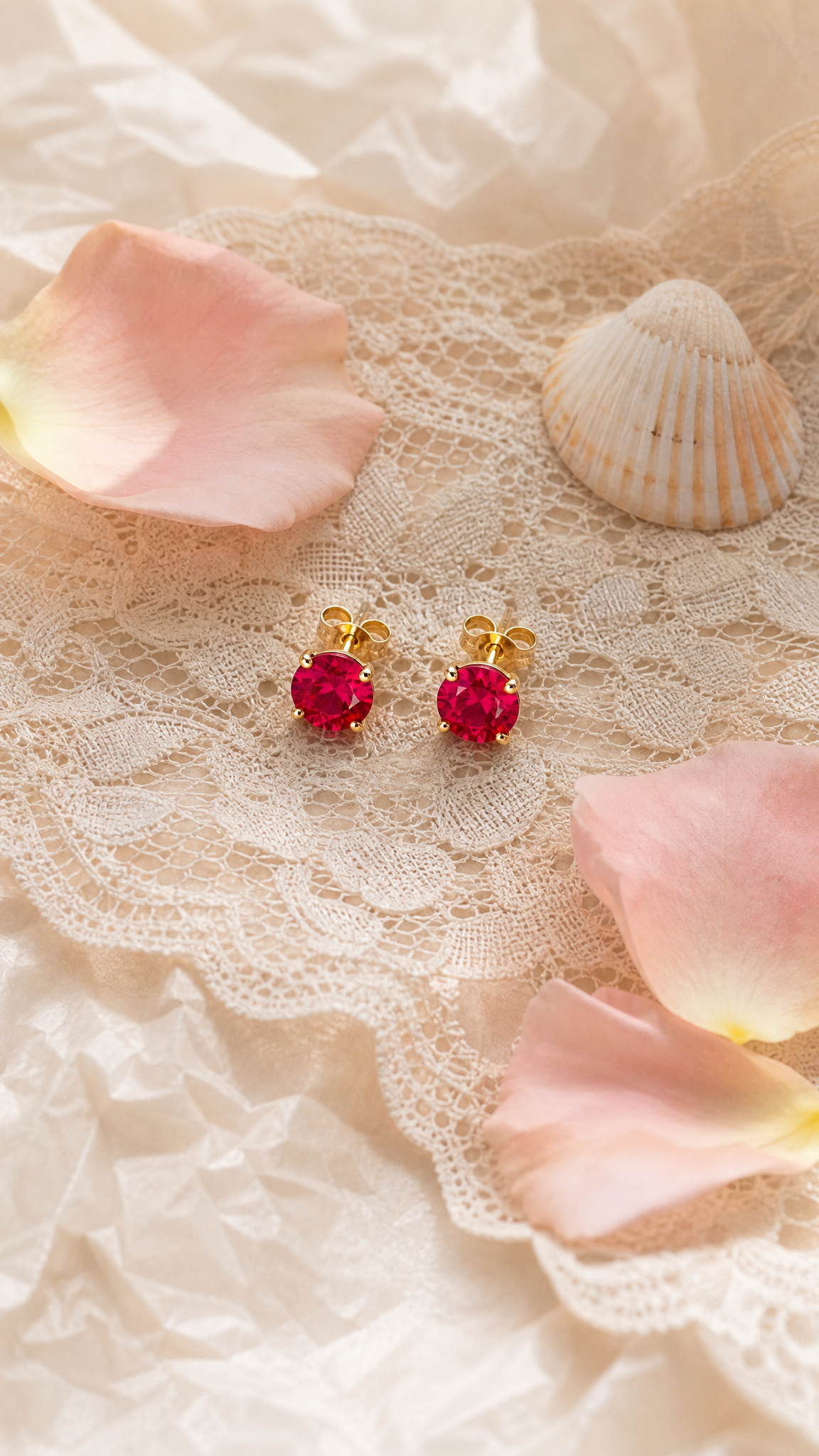 Aphrodite ruby studs on lace with rose petals