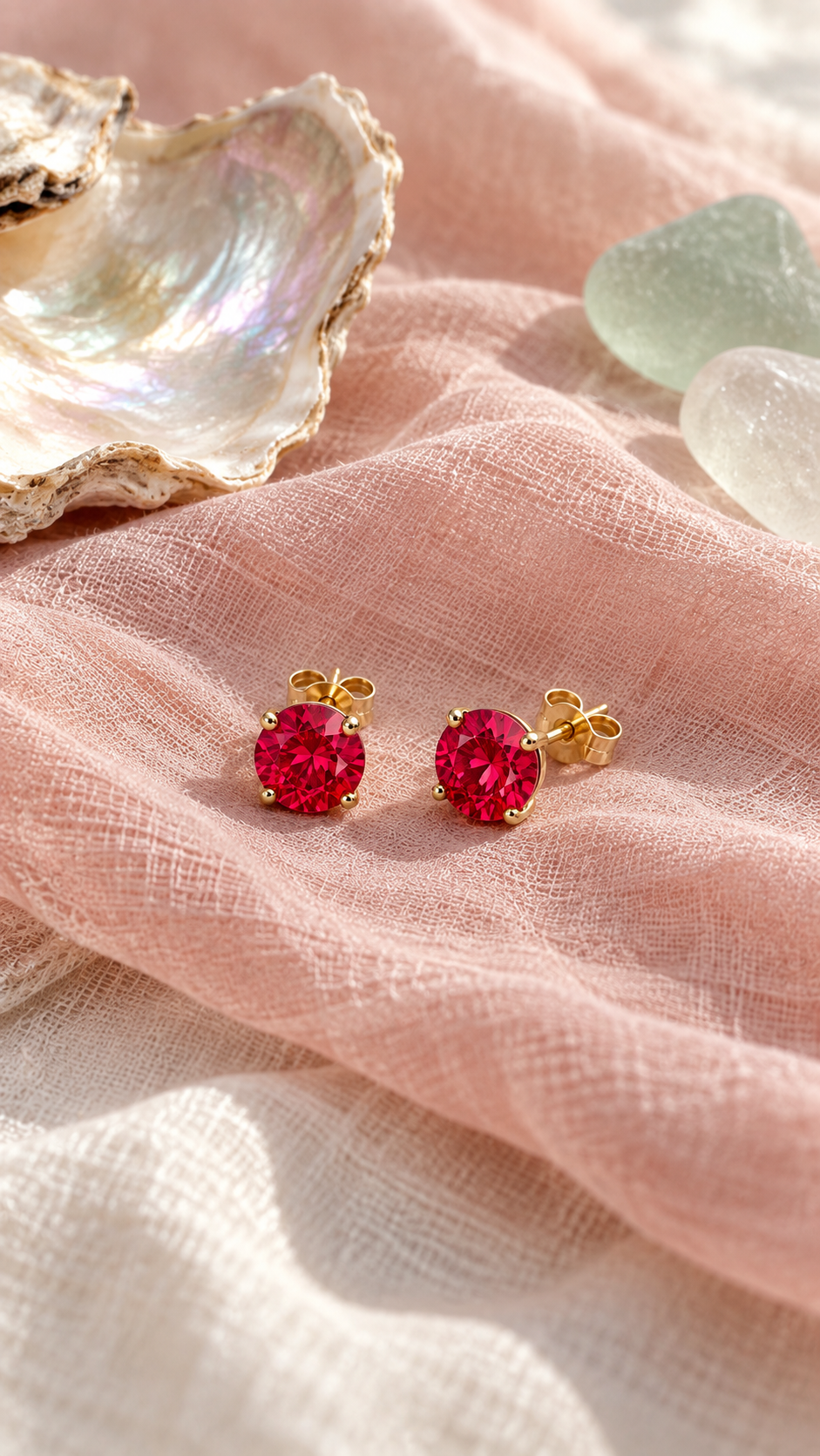 Aphrodite ruby studs on blush fabric with a nacre shell and sea glass