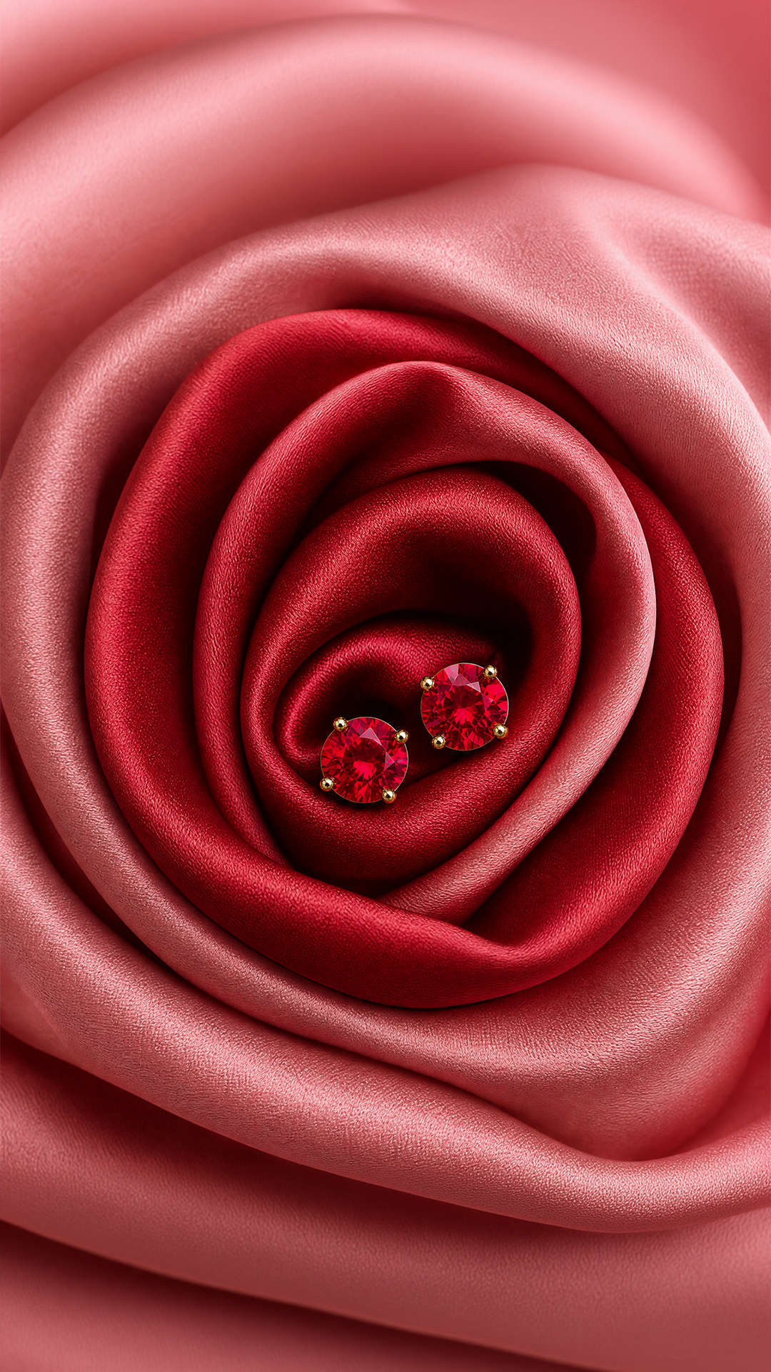 Aphrodite ruby studs on rose-coloured satin