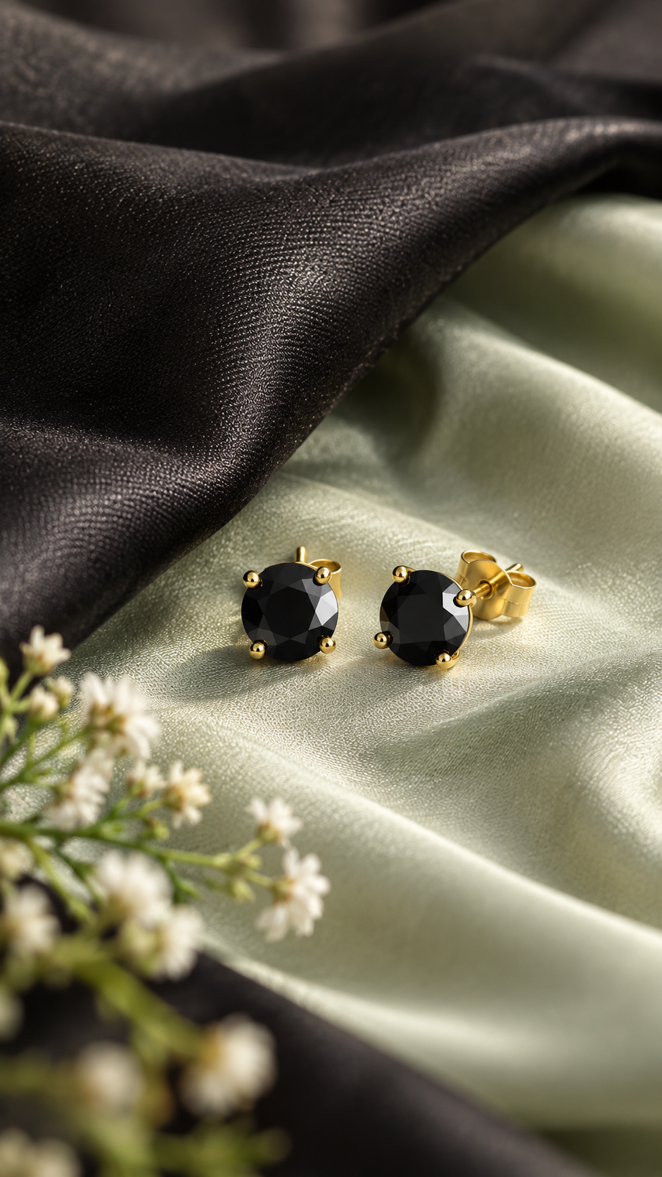 Persephone black moissanite studs on pale green silk framed by black silk and small white flowers