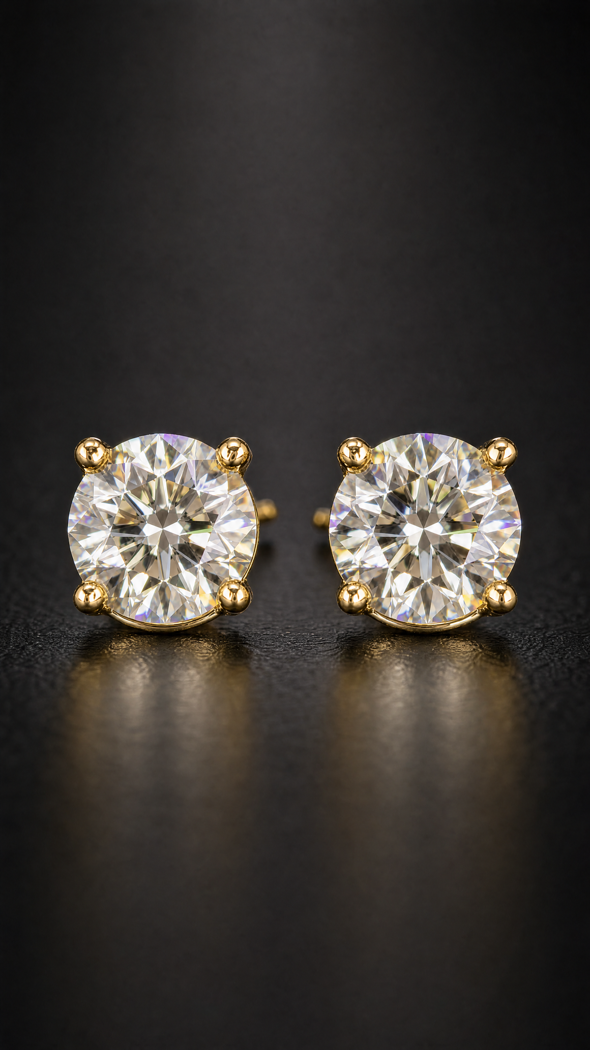 Theia white moissanite studs on dark stone