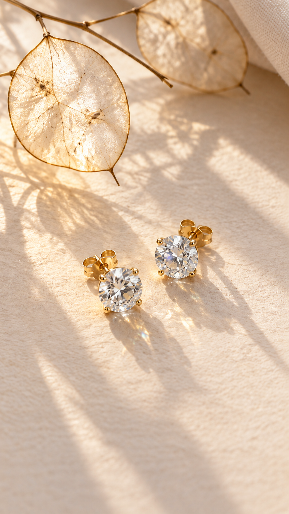 Theia white moissanite studs on cream stone beneath translucent seed pods