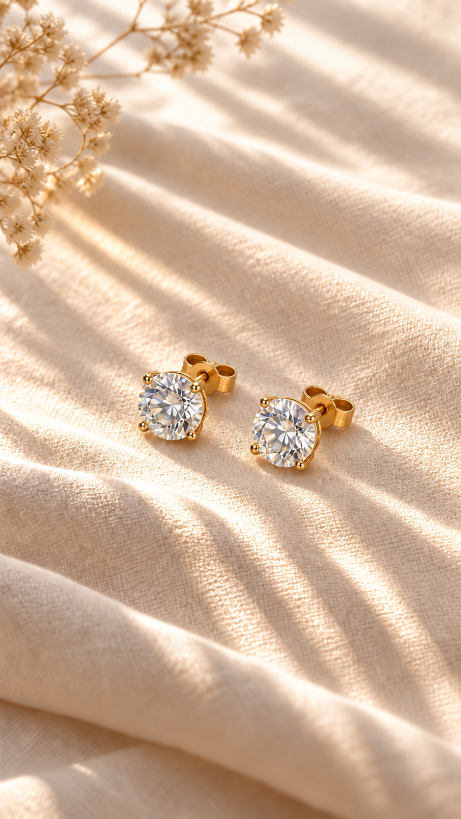 Theia white moissanite studs with gold butterfly backs on warm ivory linen